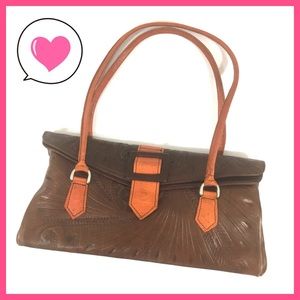 Vintage leather brown embossed handbag purse boho